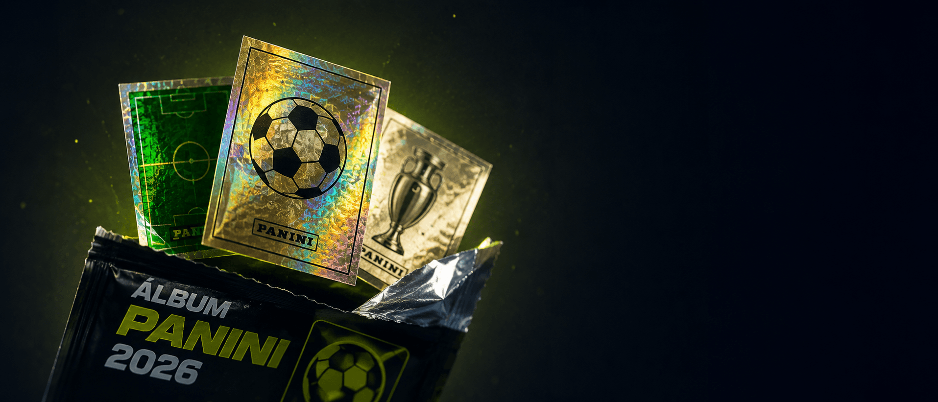 Sobre abierto con postales foil del álbum del Mundial saliendo